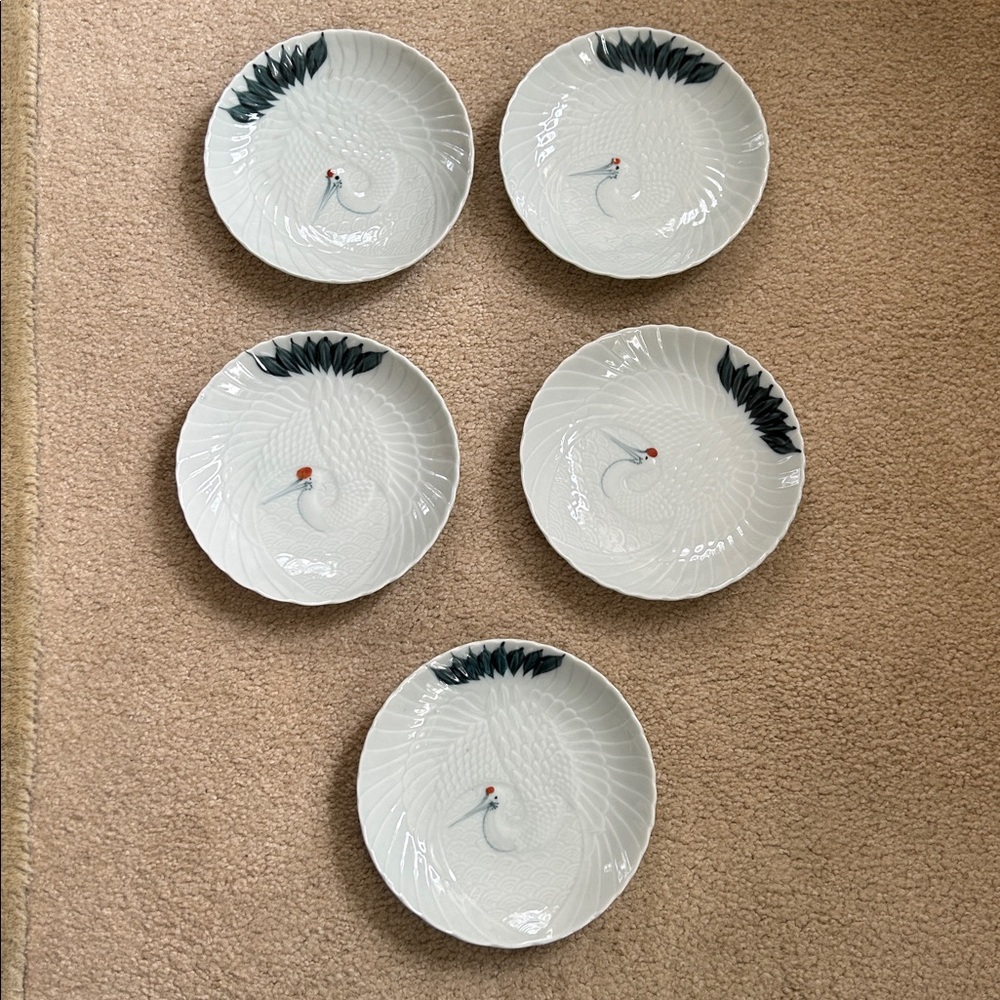 Vintage 1960’s Red Crowned Crane Japanese Celadon Porcelain Plates set of 5